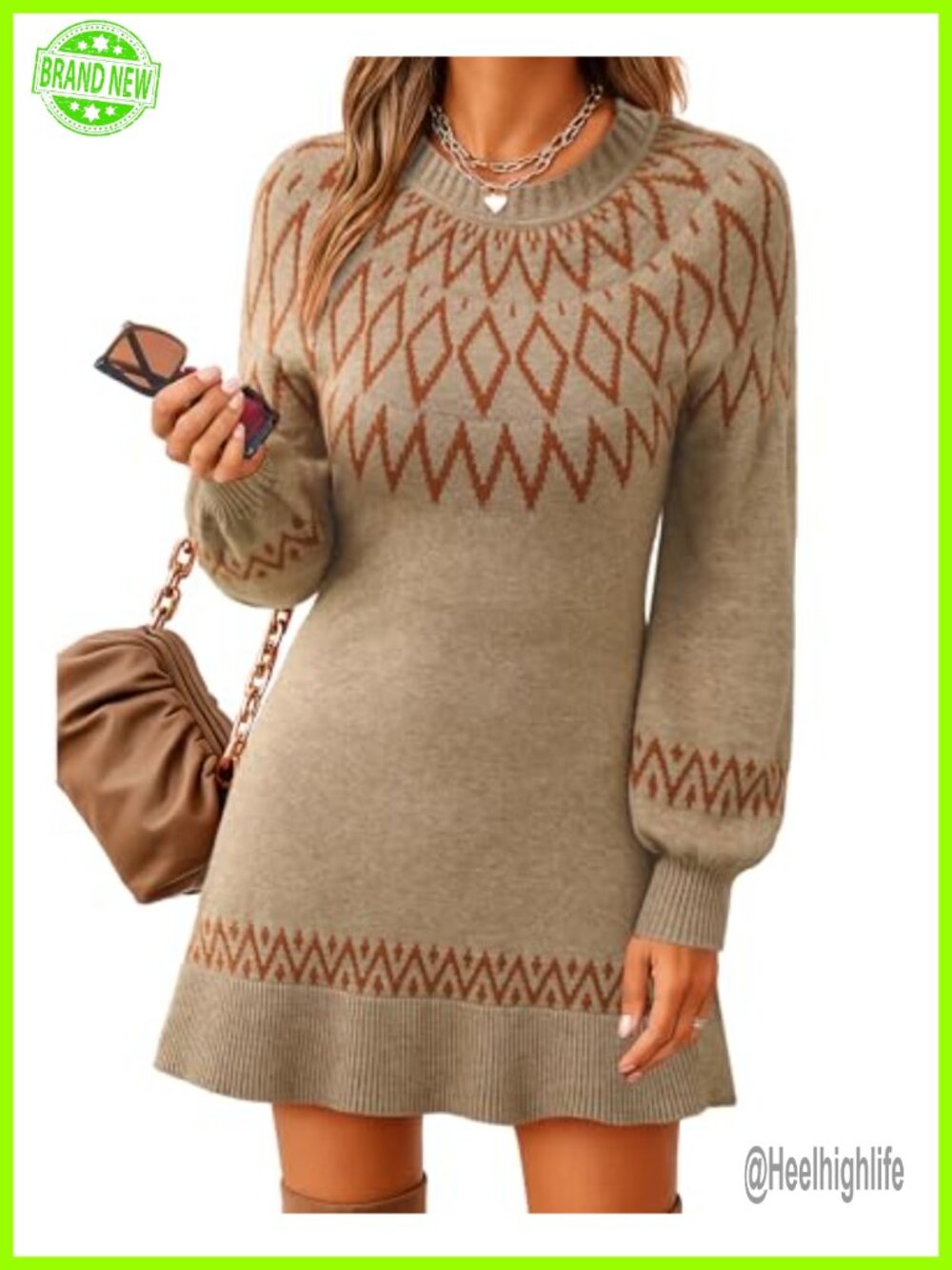 Womens Knit Sweater Dress Fair Isle Lantern Sleeve Crewneck Mini Pullover
